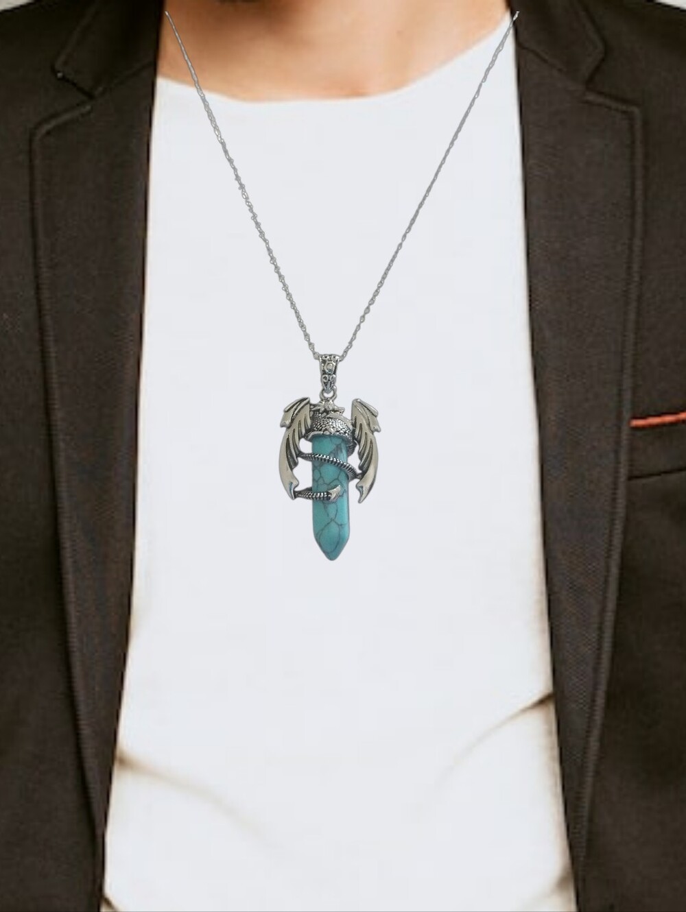 Silver Dragon Blue Pendant w/ Stainless Steel Necklace NWOT